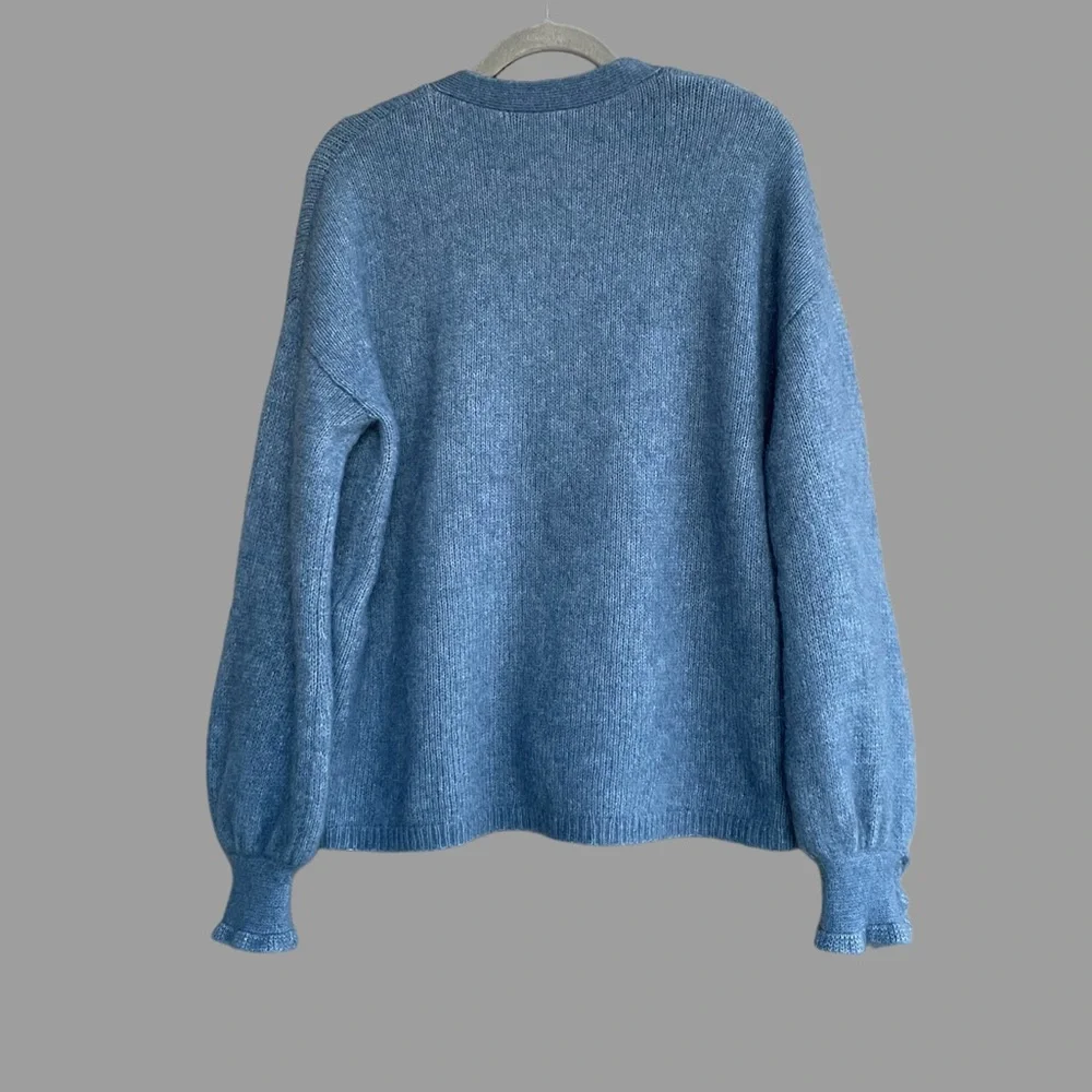 SEZANE Blue Mohair Wool Balloon Sleeve Oversized Mia V Neck Cardigan Sweater - Picture 8 of 16